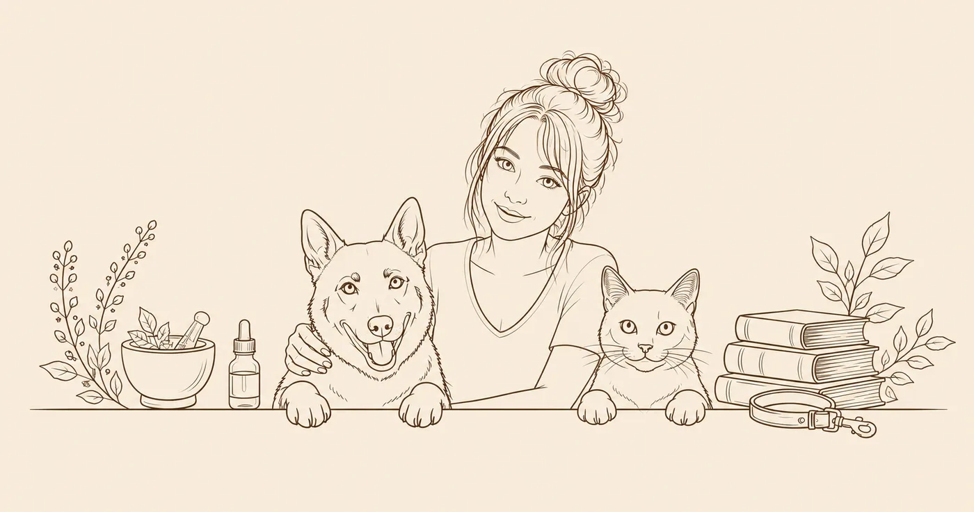 Dibujo de Laurena Haroy con un perro y un gato, rodeada de plantas y libros