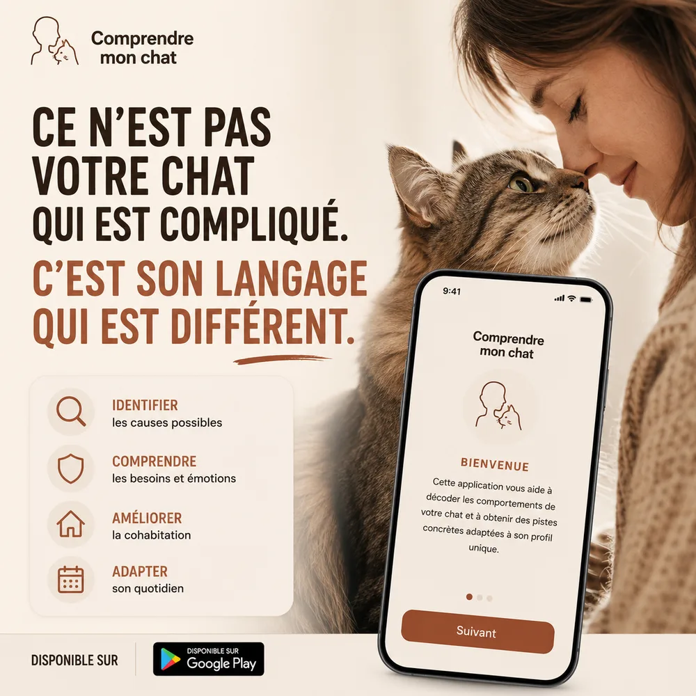 Affiche de l’application Comprendre mon chat : Ce n’est pas votre chat qui est compliqué, c’est son langage qui est différent