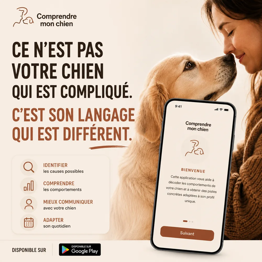 Affiche de l’application Comprendre mon chien : Ce n’est pas votre chien qui est compliqué, c’est son langage qui est différent