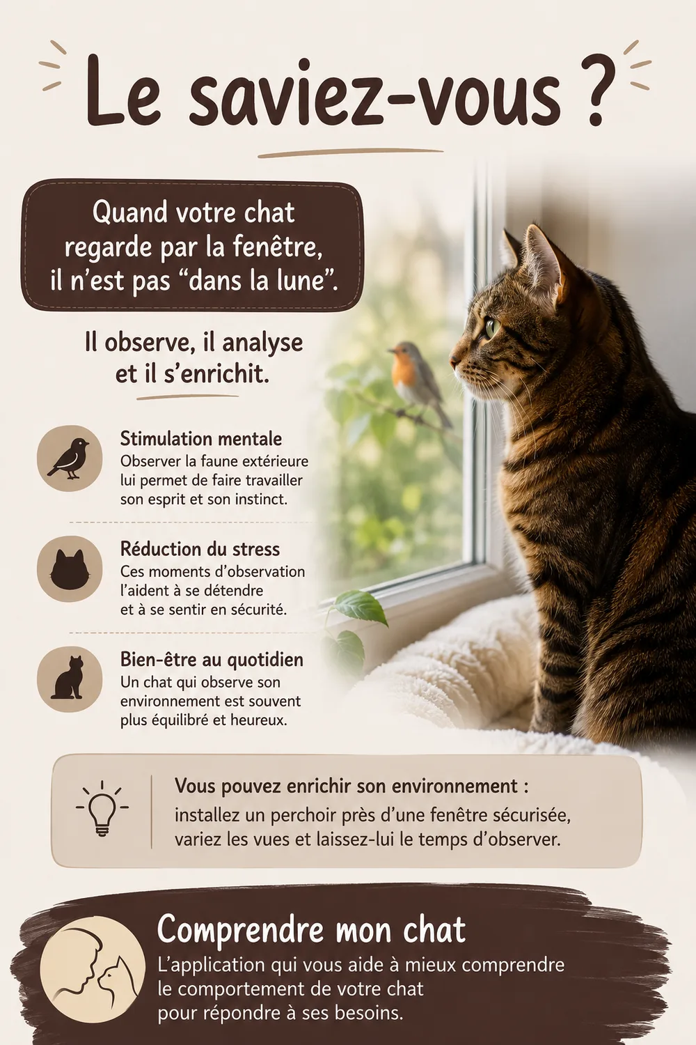 Affiche : Le saviez-vous ? Quand votre chat regarde par la fenêtre, il n’est pas « dans la lune »