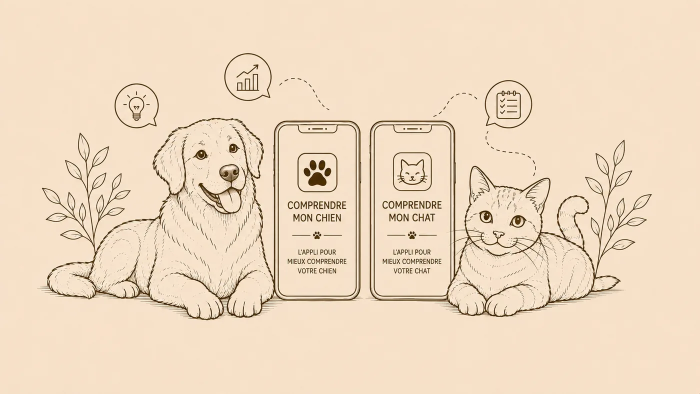 Zeichnung eines Hundes und einer Katze mit zwei Smartphones, auf denen die Apps zu sehen sind