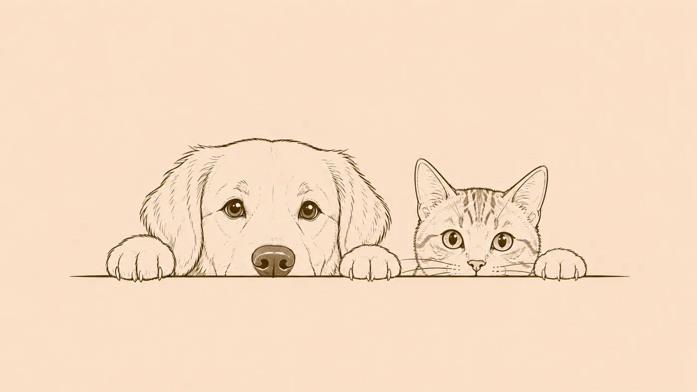 Zeichnung eines Hundes und einer Katze, die über eine Kante schauen