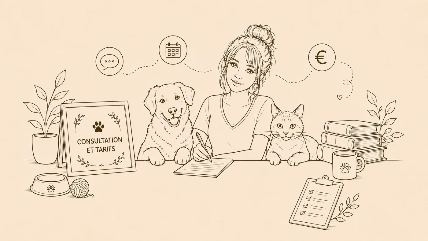 Dessin de Laurena Haroy prenant des notes, avec un chien et un chat