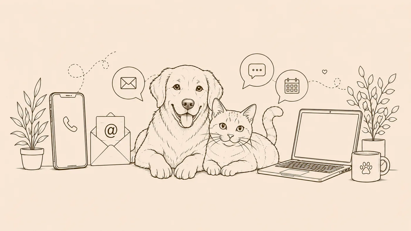 Dessin d’un chien et d’un chat entourés d’un téléphone, d’une enveloppe et d’un ordinateur