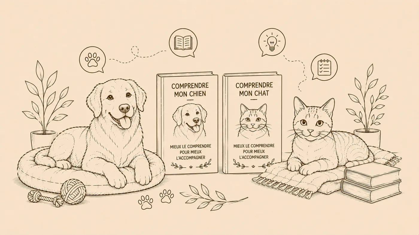 Dibujo de un perro y un gato junto a los libros