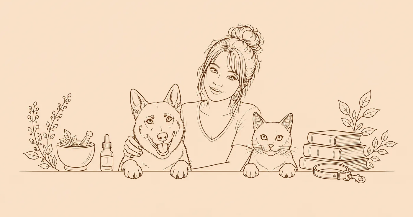 Drawing of Laurena Haroy with a dog, a cat, plants and books