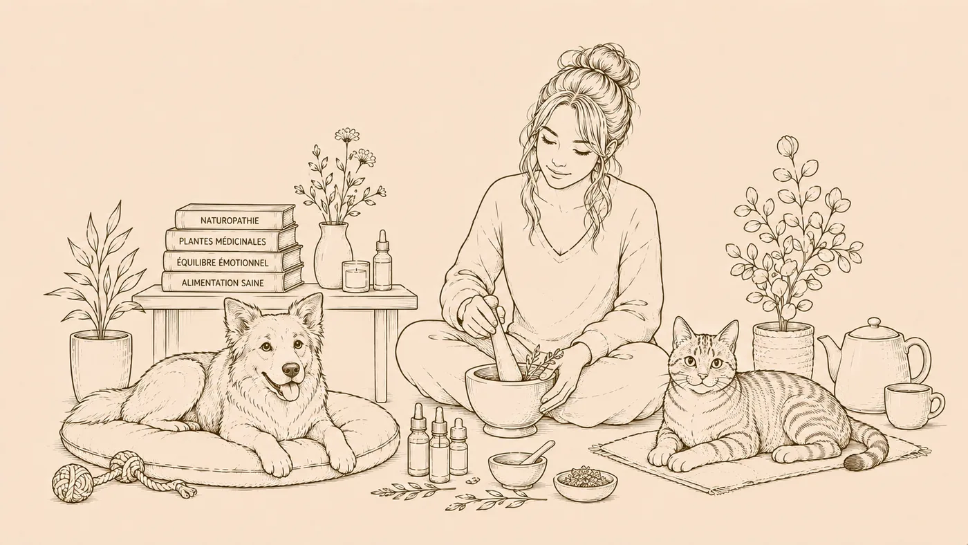 Drawing of a woman preparing herbs, with a dog and a cat