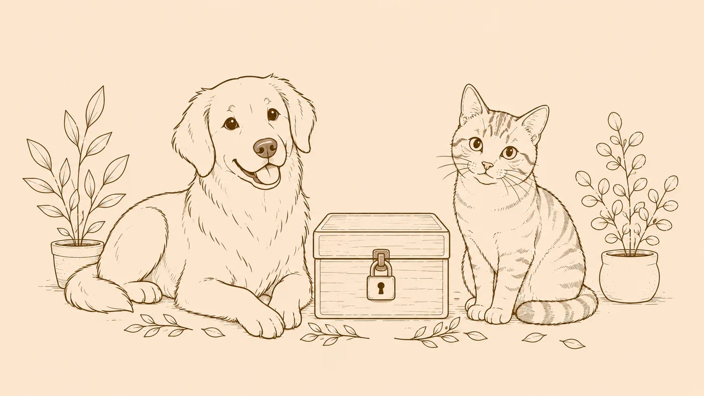 Dibujo de un perro y un gato junto a una pequeña caja cerrada