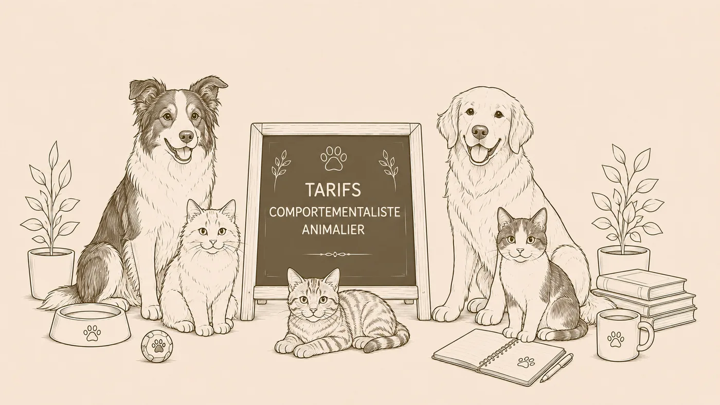 Dessin d’un chien et d’un chat devant un tableau « Tarifs comportementaliste animalier »