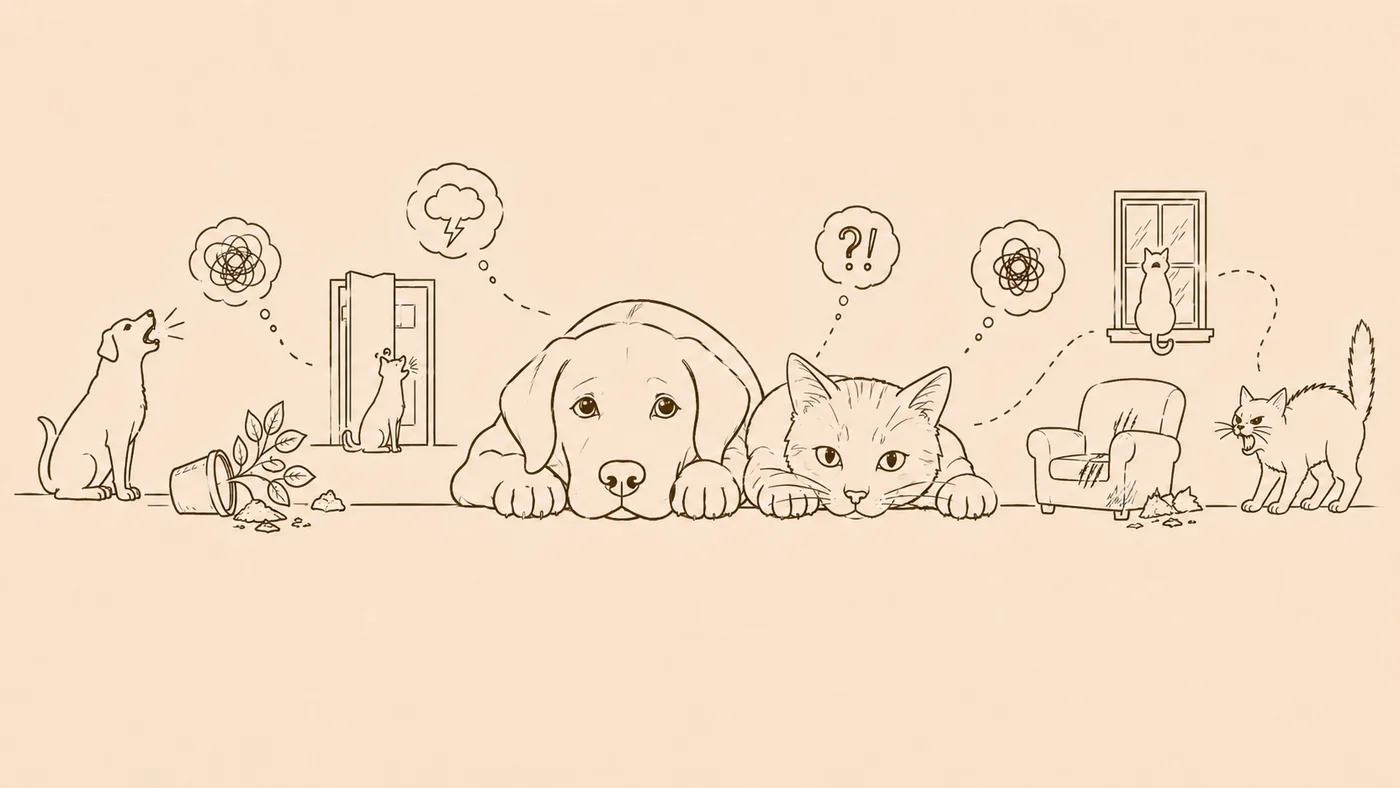 Drawing of a dog and a cat surrounded by small everyday scenes