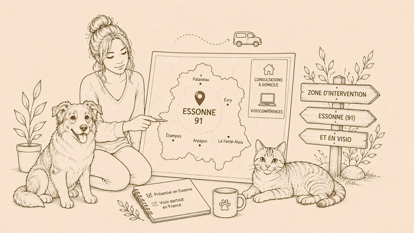 Dessin d’une carte de l’Essonne avec un chien, un chat et Laurena Haroy